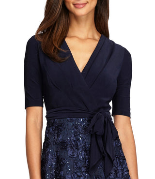 Alex Evenings Women's Tea Length Party Dress with Full Rosette Skirt and Tie Faux Belt Blue Size 6 Petite