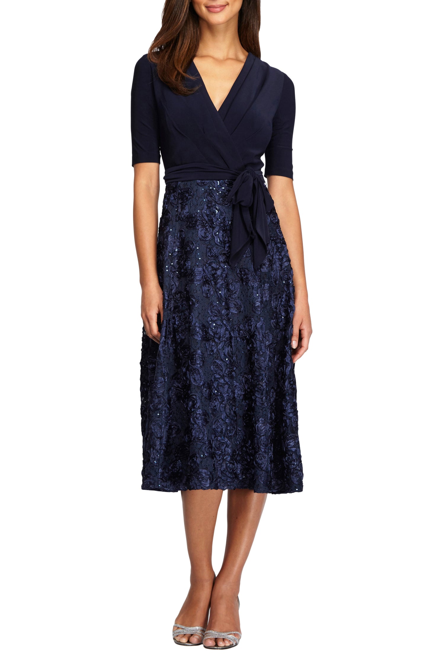 Alex Evenings Women's Tea Length Party Dress with Full Rosette Skirt and Tie Faux Belt Blue Size 6 Petite