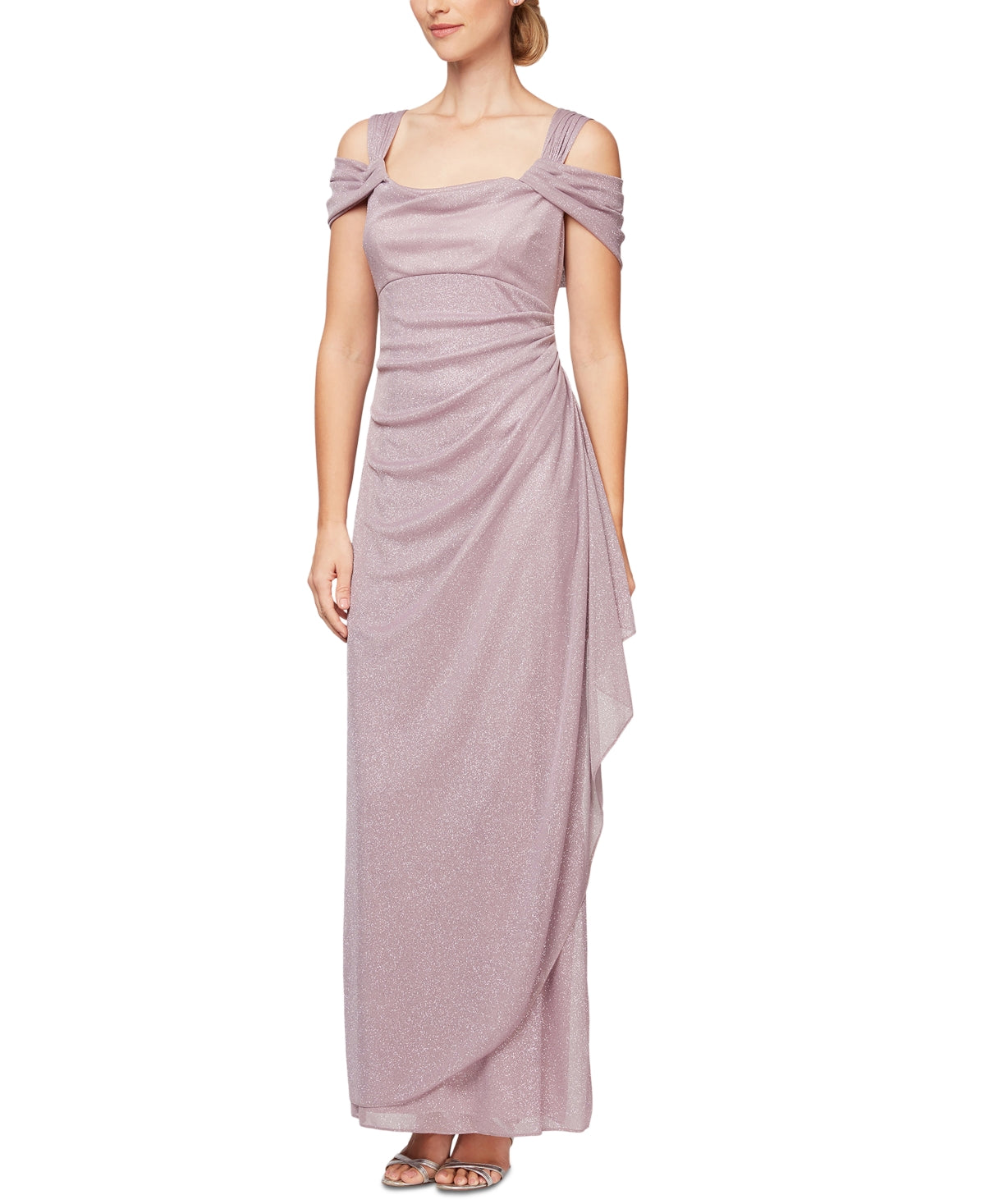 Alex Evenings Women's Cold Shoulder Draped Metallic Gown Pink Size 6Petite