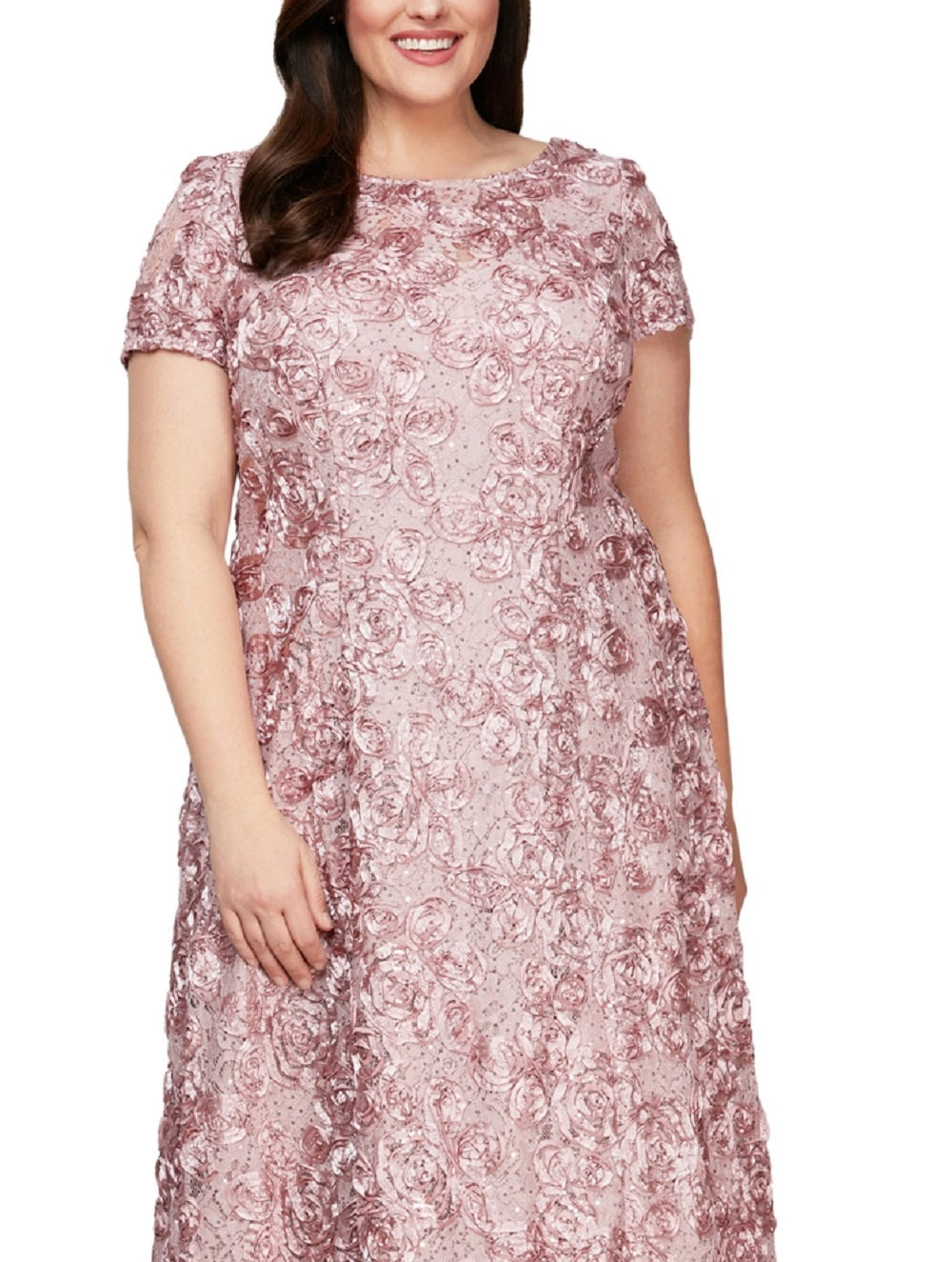 Alex Evenings Women's Rosette Lace Short Sleeve A Line Gown Pink Size 18W