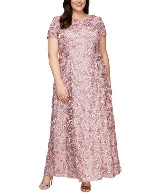 Alex Evenings Women's Rosette Lace Short Sleeve A Line Gown Pink Size 18W