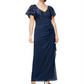 Alex Evenings Women's Short Sleeve V Neck Full Length Evening Empire Waist Dress Blue Size 6 Petite
