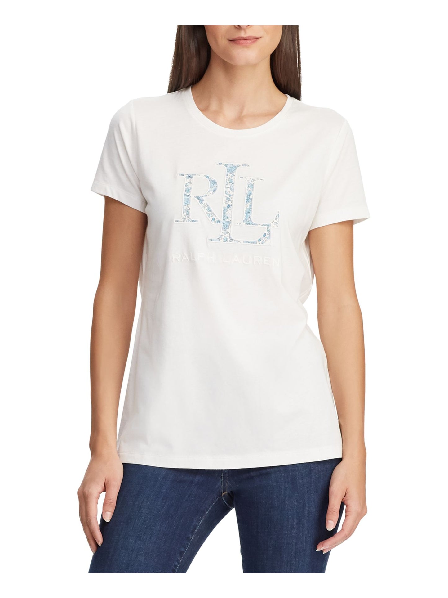 Ralph Lauren Women's Floral Logo Graphic Print T-Shirt Brown Size Medium