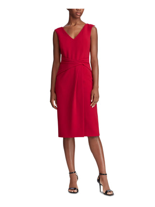 Ralph Lauren Women's Ruched Zippered Sleeveless V Neck Below The Knee Sheath Cocktail Dress Red Size 16