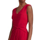 Ralph Lauren Women's Ruched Zippered Sleeveless V Neck Below The Knee Sheath Cocktail Dress Red Size 16