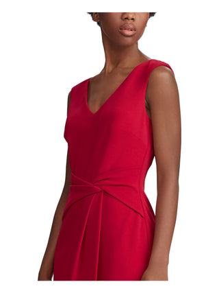 Ralph Lauren Women's Ruched Zippered Sleeveless V Neck Below The Knee Sheath Cocktail Dress Red Size 16