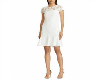 Ralph Lauren Women's Lace Yoke Crepe Dress White Size 16 Petite