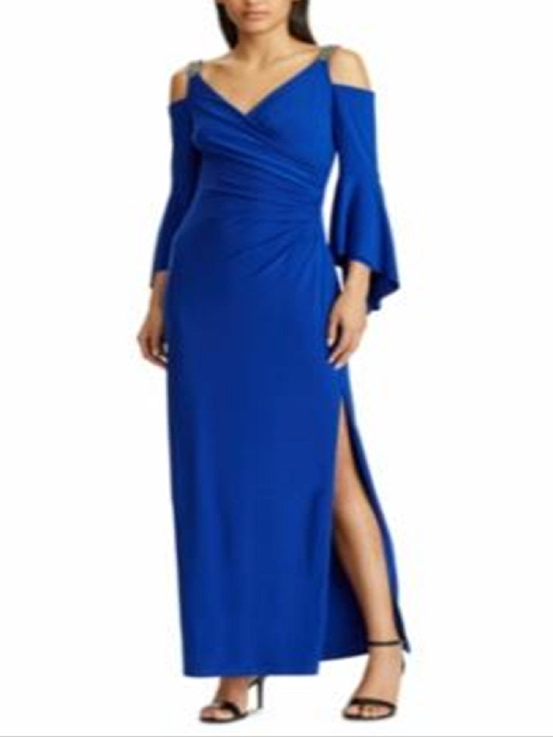Ralph Lauren Women's Ruffle Sleeve Cold Shoulder Gown Blue Size 14