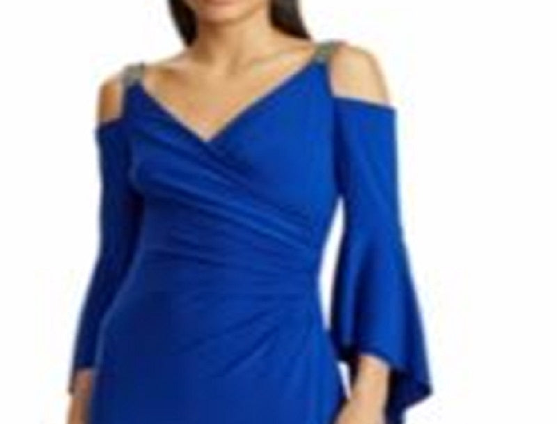 Ralph Lauren Women's Ruffle Sleeve Cold Shoulder Gown Blue Size 14