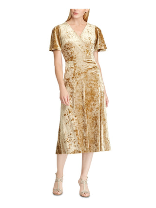 Ralph Lauren Women's Velvet Short Sleeve V Neck Below The Knee Evening Fit Flare Dress Yellow Size 8