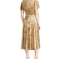 Ralph Lauren Women's Velvet Short Sleeve V Neck Below The Knee Evening Fit Flare Dress Yellow Size 8