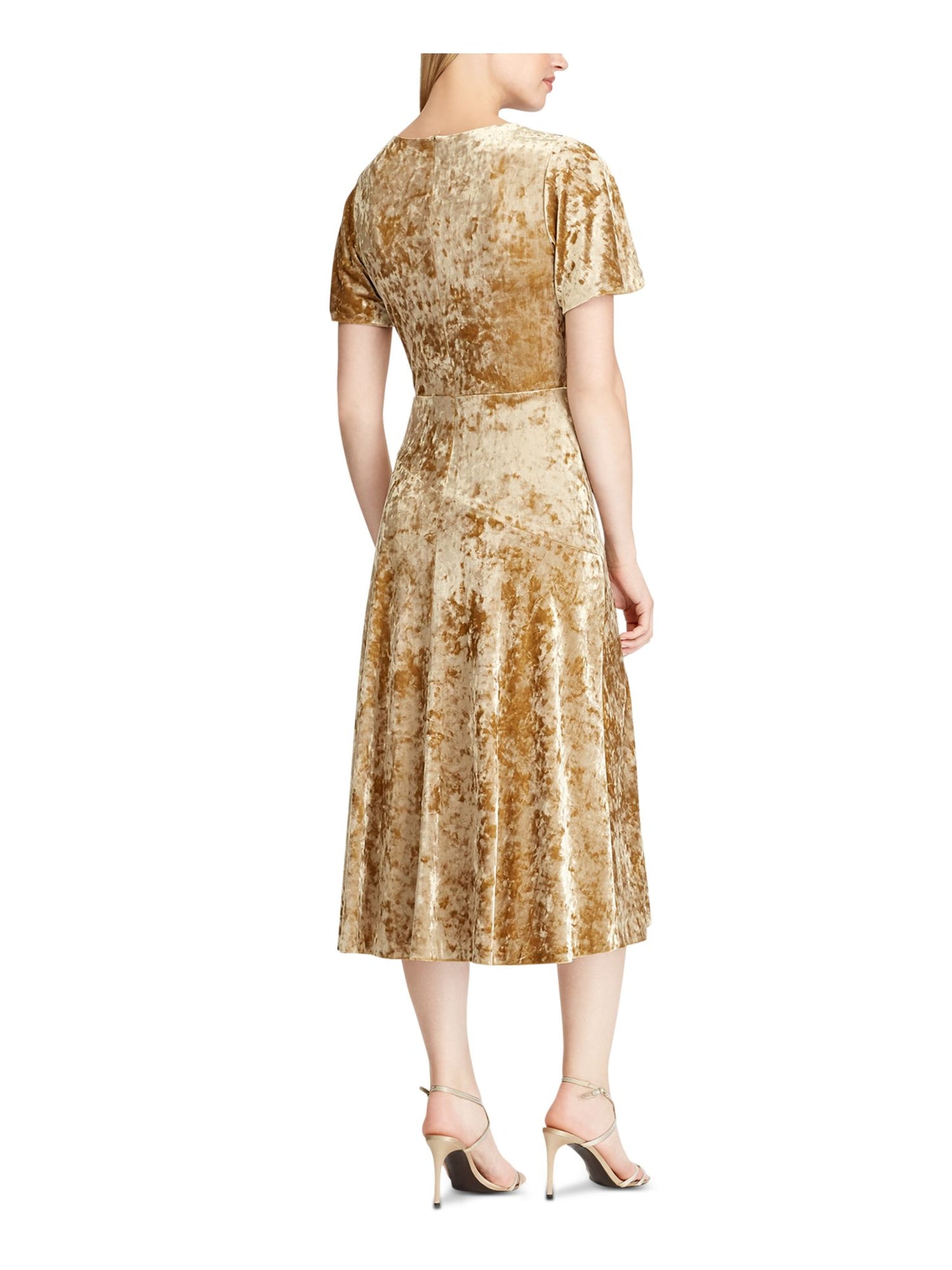 Ralph Lauren Women's Velvet Short Sleeve V Neck Below The Knee Evening Fit Flare Dress Yellow Size 8