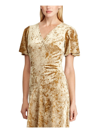Ralph Lauren Women's Velvet Short Sleeve V Neck Below The Knee Evening Fit Flare Dress Yellow Size 8
