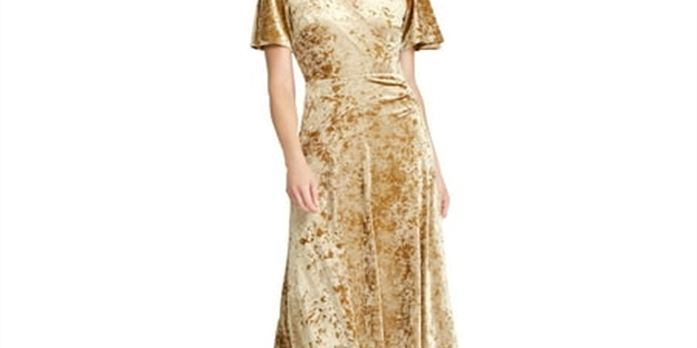 Ralph Lauren Women's Velvet Short Sleeve V Neck Below The Knee Evening Fit Flare Dress Yellow Size 8