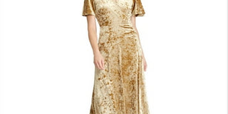 Ralph Lauren Women's Velvet Short Sleeve V Neck Below The Knee Evening Fit Flare Dress Yellow Size 8