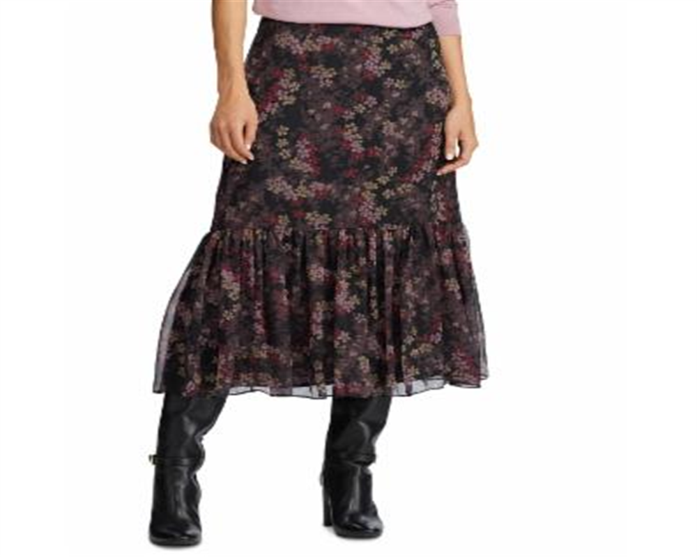 Ralph Lauren Women's Floral Print Georgette Skirt Black Size 12