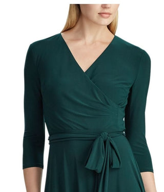 Ralph Lauren Women's Tie Solid 3/4 Sleeve V Neck MIDI Fit Flare Dress Green Size 4 Petite