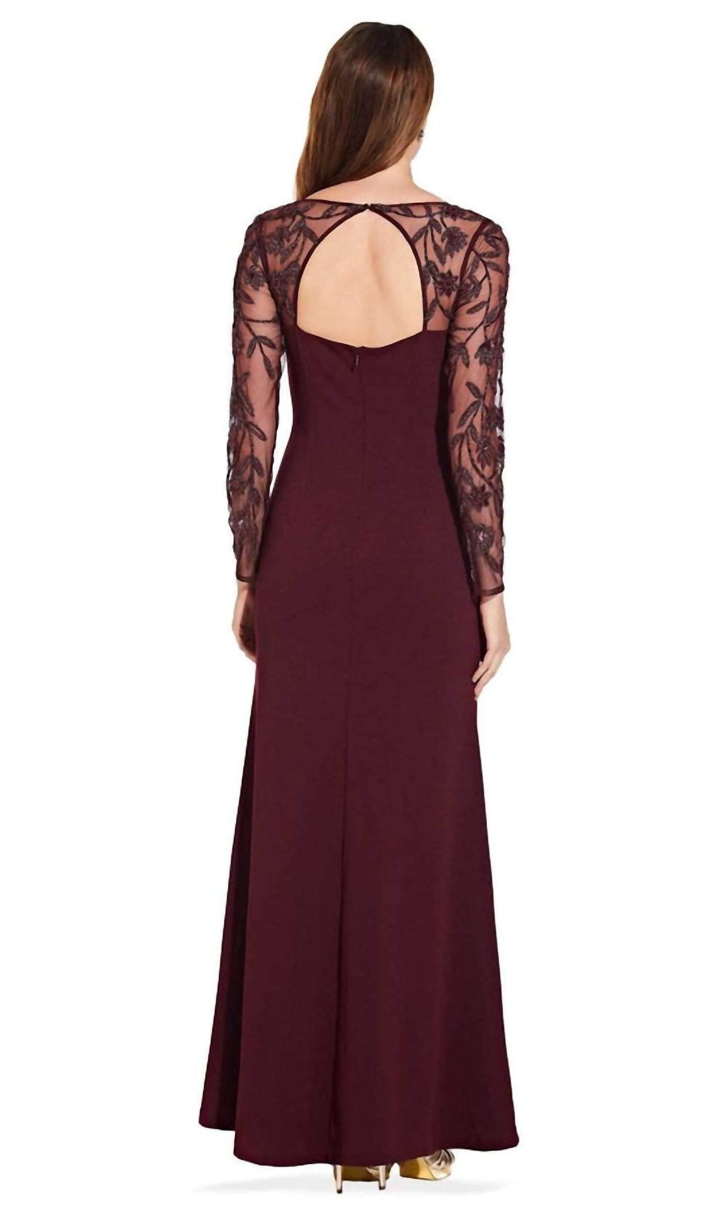 Adrianna Papell - Embellished Trumpet Long Sleeve Cutout Mesh Dress