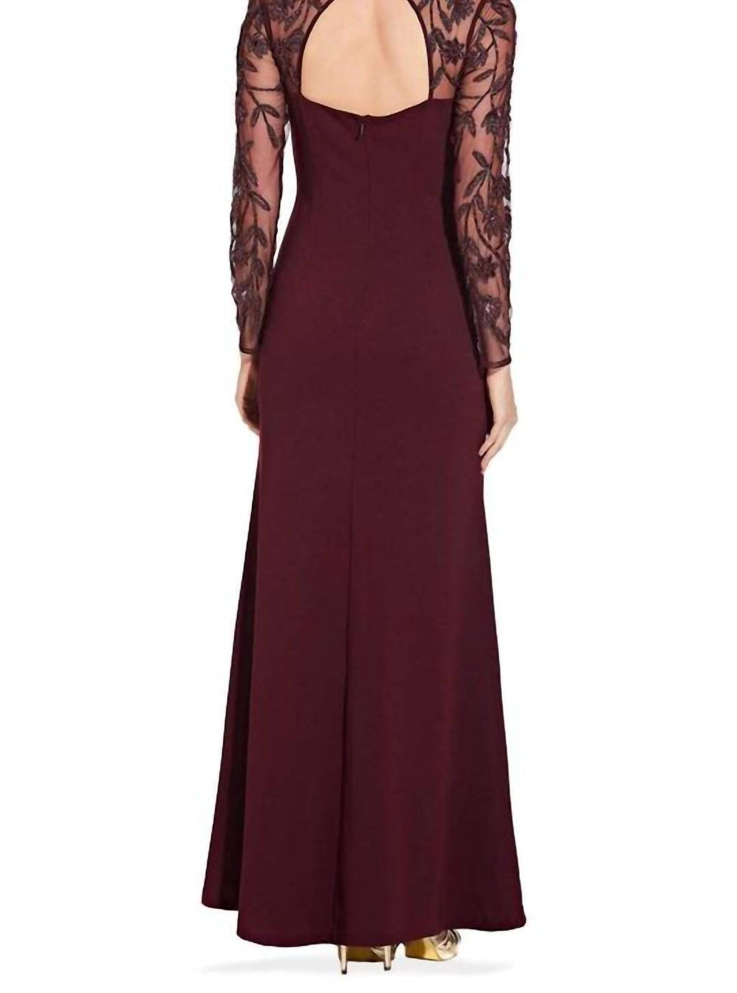 Adrianna Papell - Embellished Trumpet Long Sleeve Cutout Mesh Dress