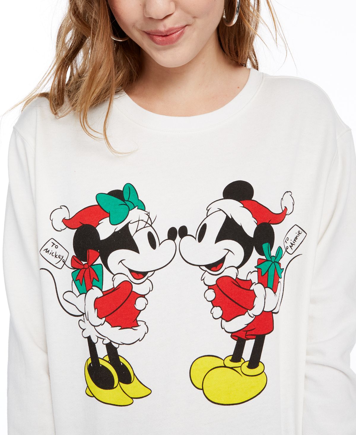 Disney Women's Mickey And Minnie Graphic Christmas Sweatshirt White Size X-Small
