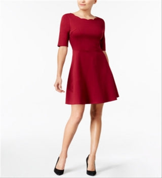 Monteau Women's Scalloped Neck Fit & Flare Dress Red Size Petite Large