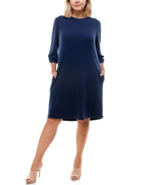 Monteau Women's Pocketed Jersey Knit 3/4 Sleeve Boat Neck Knee Length Shift Dress Blue Size 2X