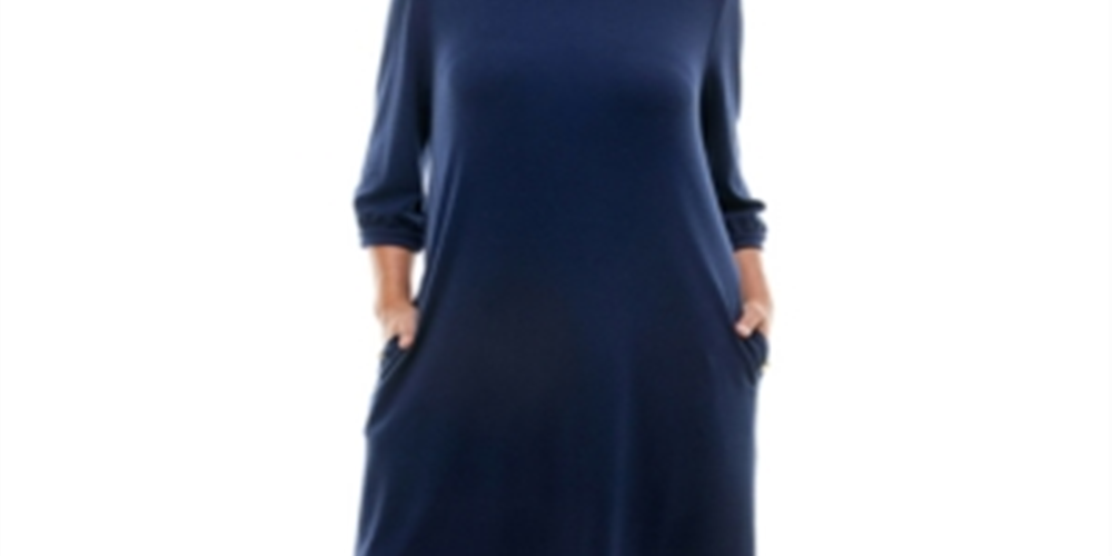Monteau Women's Pocketed Jersey Knit 3/4 Sleeve Boat Neck Knee Length Shift Dress Blue Size 2X