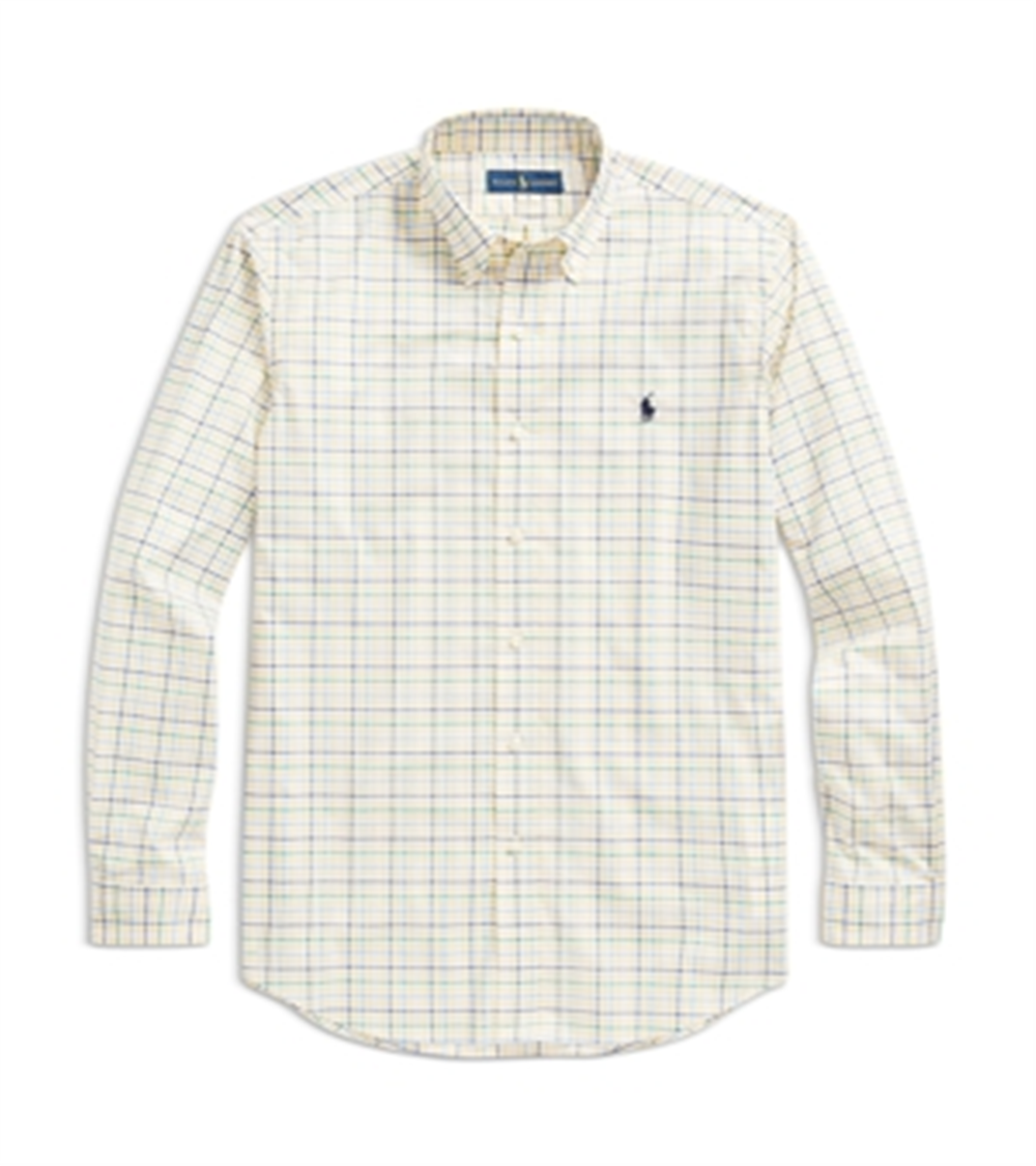 Polo Ralph Lauren Men's Cotton Stretch Poplin Check Classic Fit Button Down Shirt Yellow Size Small