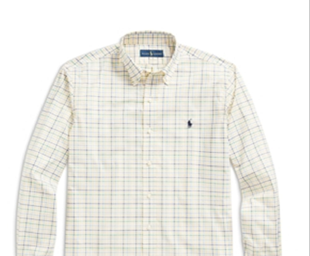 Polo Ralph Lauren Men's Cotton Stretch Poplin Check Classic Fit Button Down Shirt Yellow Size Small