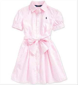 Polo Ralph Lauren Girl's Carmel Stripe Bengal Poplin Shirt Dress Pink Size 14