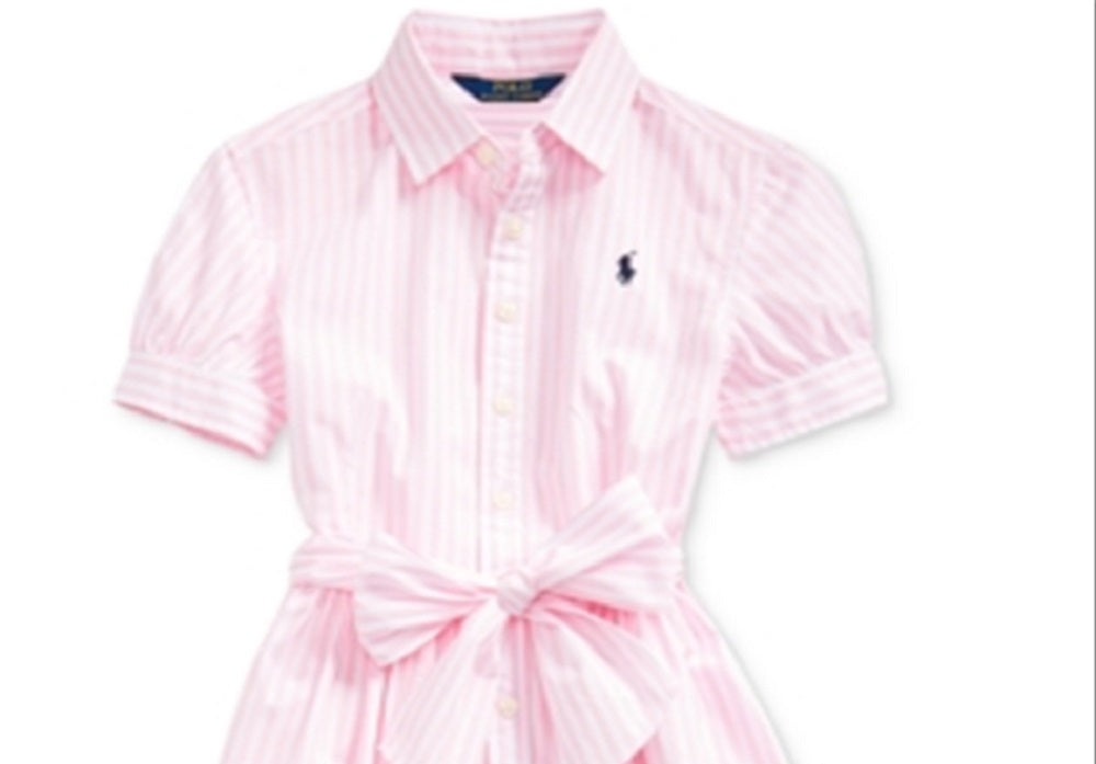 Polo Ralph Lauren Girl's Carmel Stripe Bengal Poplin Shirt Dress Pink Size 14