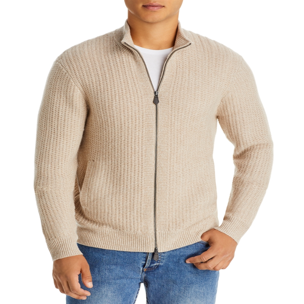 The Men's Store at Bloomingdale's Wool & Cashmere Textured Full Zip Mock Neck Sweater Beige Size S