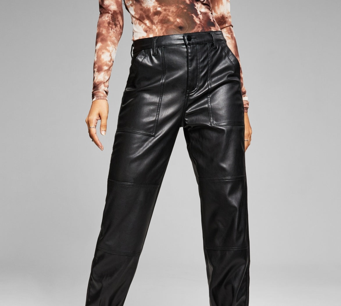 And Now This Women's Tapered Faux Leather Utility Pants Black Size 4