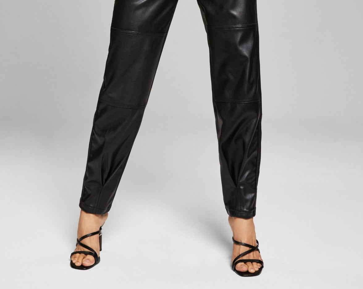 And Now This Women's Tapered Faux Leather Utility Pants Black Size 4