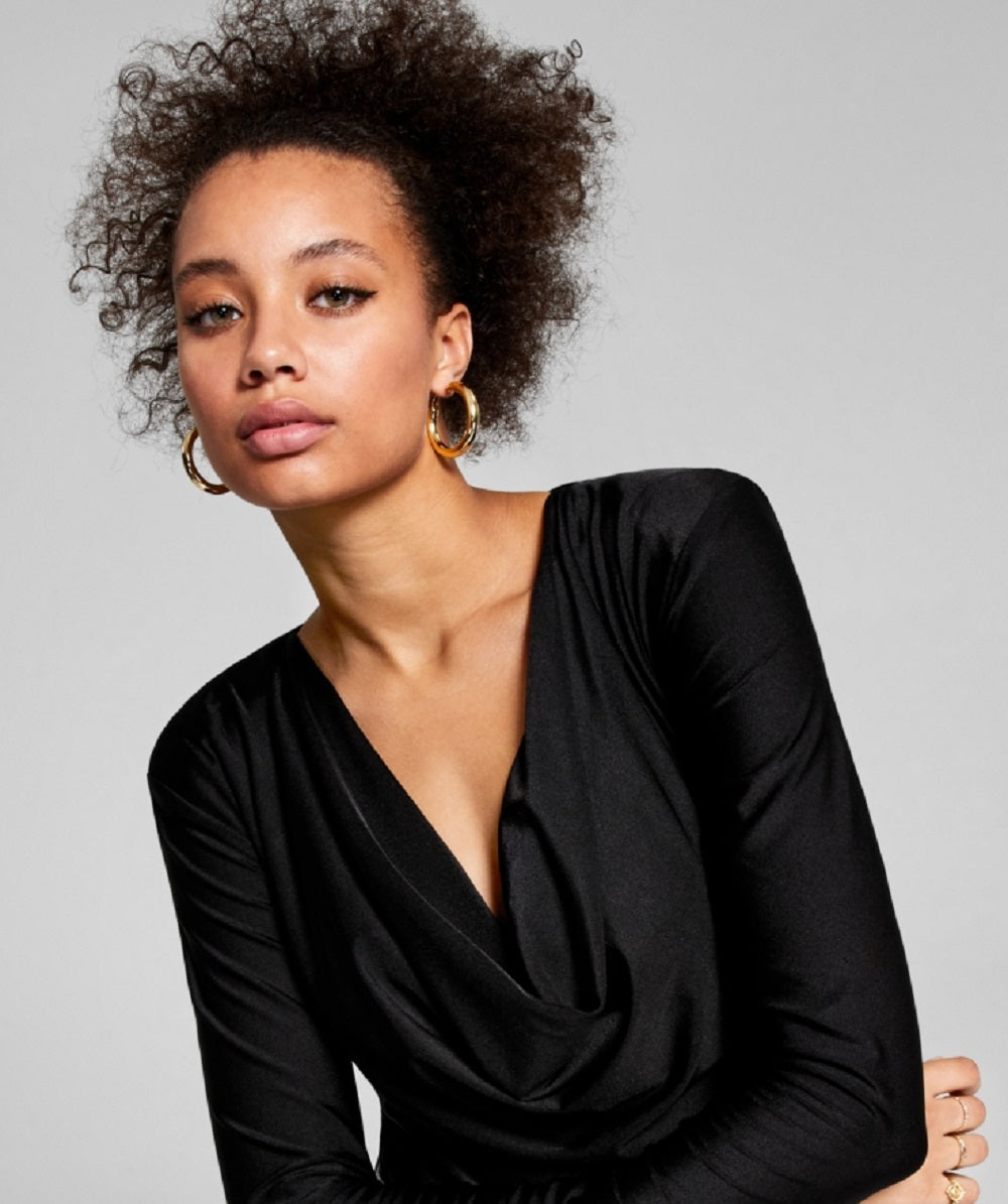 And Now This Woman's Slinky Cowl Neck Knit Bodysuit Black Size Small