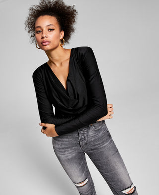 And Now This Woman's Slinky Cowl Neck Knit Bodysuit Black Size Small