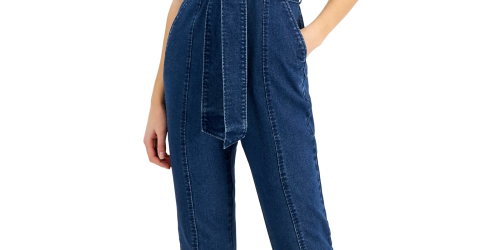 Tinseltown Junior's Belted Denim Jumpsuit Blue Size M