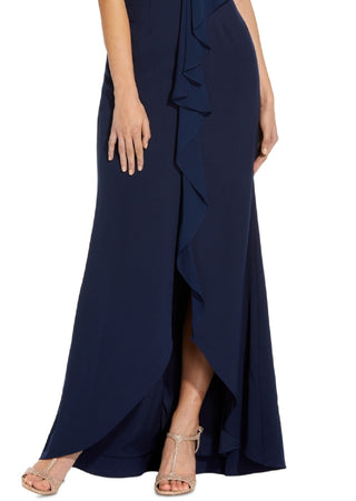 Adrianna Papell Women's Chiffon Overlay Crepe Mermaid Gown Blue Size 4