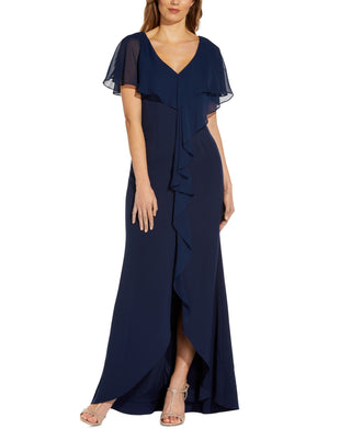 Adrianna Papell Women's Chiffon Overlay Crepe Mermaid Gown Blue Size 4