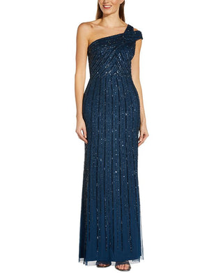 Adrianna Papell Women's Embellished One Shoulder Gown Blue Size 2