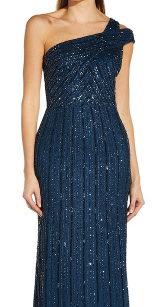Adrianna Papell Women's Embellished One Shoulder Gown Blue Size 2