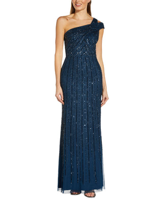 Adrianna Papell Women's Embellished One Shoulder Gown Blue Size 2