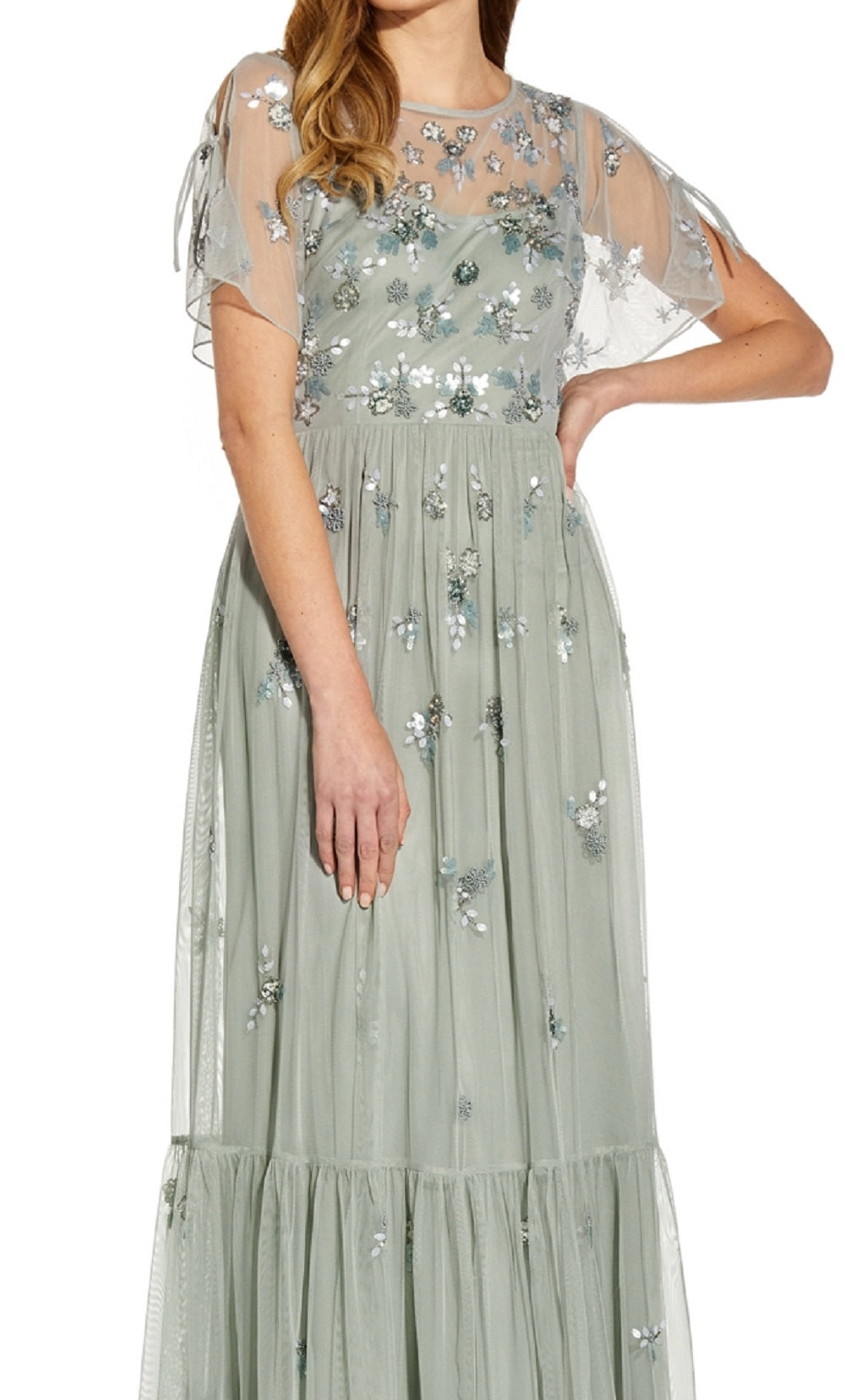 Adrianna Papell Women's Boho Beaded Mesh Gown Blue Size 4