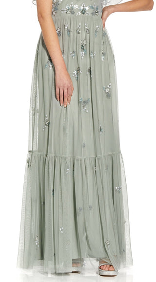 Adrianna Papell Women's Boho Beaded Mesh Gown Blue Size 4