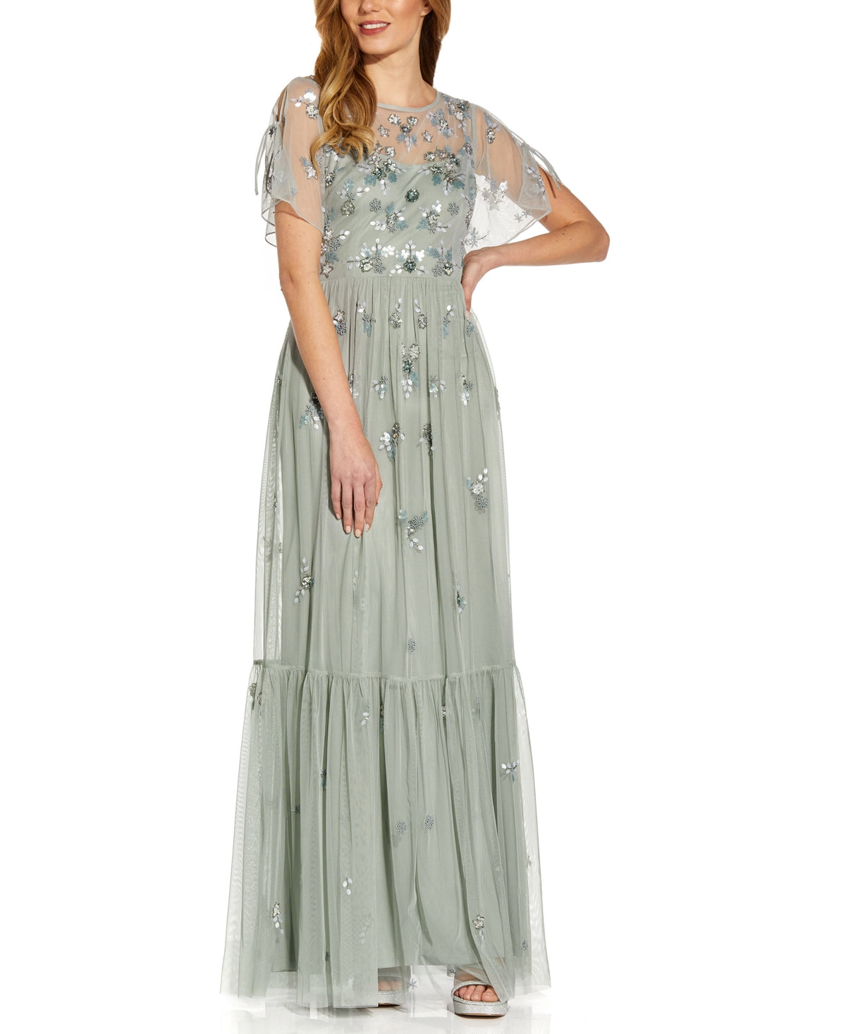 Adrianna Papell Women's Boho Beaded Mesh Gown Blue Size 4