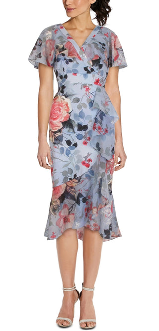 Adrianna Papell Women's Floral Wrap Front Ruffle Midi Dress Blue Size 8