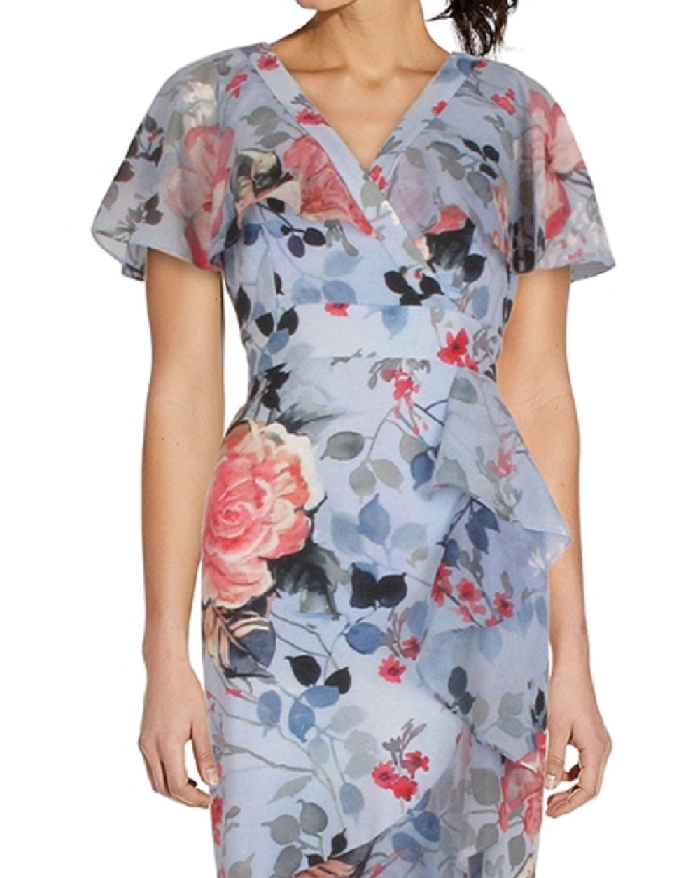 Adrianna Papell Women's Floral Wrap Front Ruffle Midi Dress Blue Size 8