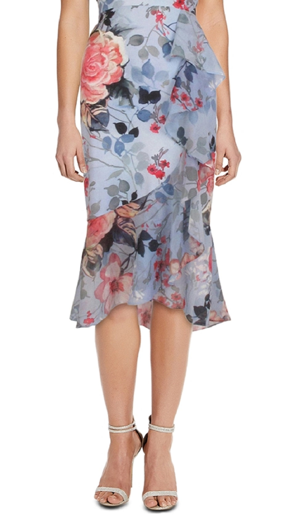 Adrianna Papell Women's Floral Wrap Front Ruffle Midi Dress Blue Size 8