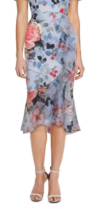 Adrianna Papell Women's Floral Wrap Front Ruffle Midi Dress Blue Size 12