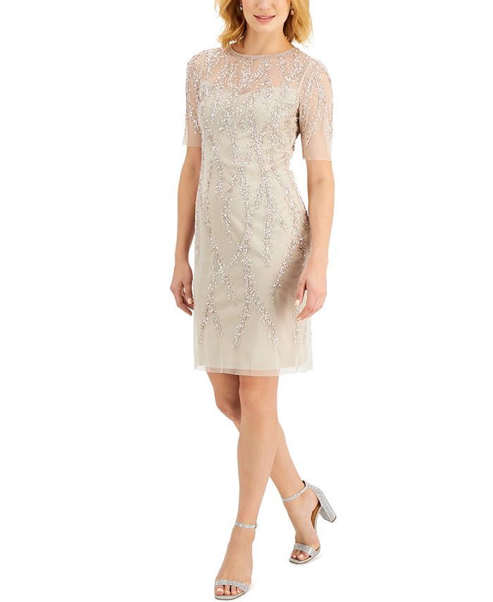 Adrianna Papell Women's Sequin Elbow Sleeve Dress Beige Size 0